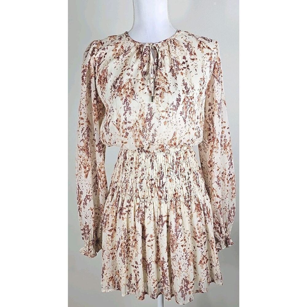 By Together ~Woman Size S~ Tan/Brown Floral Mini Dress Long Bell Sleeves Metal.